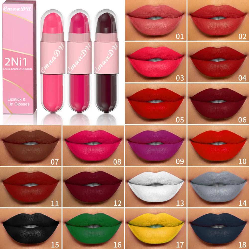 18 Colors 2 in 1 Matte Lipstick Liquid Purple Lip Glaze Double Head