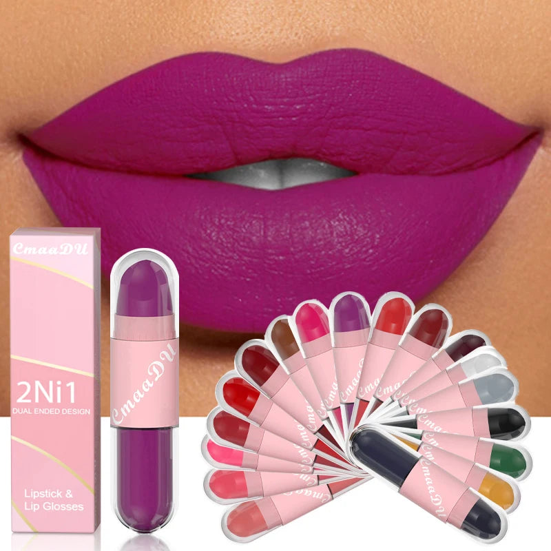 18 Colors 2 in 1 Matte Lipstick Liquid Purple Lip Glaze Double Head