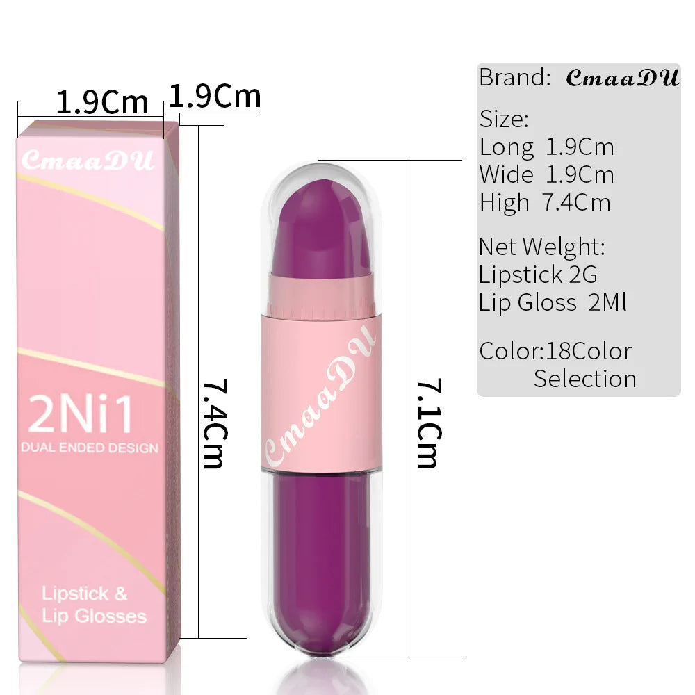 18 Colors 2 in 1 Matte Lipstick Liquid Purple Lip Glaze Double Head